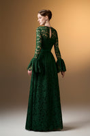 Green round neck A-line gown with ruffle long sleeves in French lace by I.H.F. Elegant dress with intricate lace details.