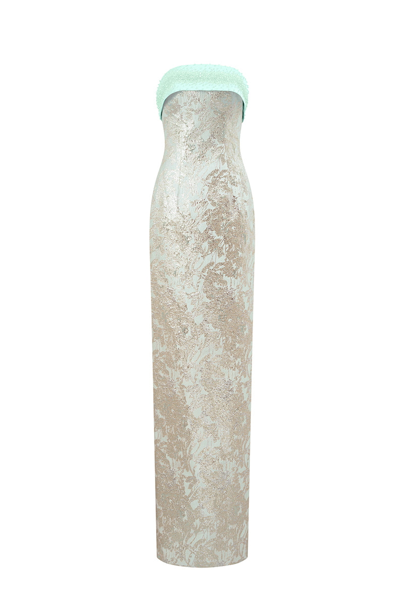 Green metallic jacquard and silk taffeta gown by I.H.F, featuring elegant fabric and intricate design details.