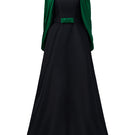 Genevieve green and black draped v-neck A-line gown by I.H.F featuring black taffeta and green satin silk fabric.