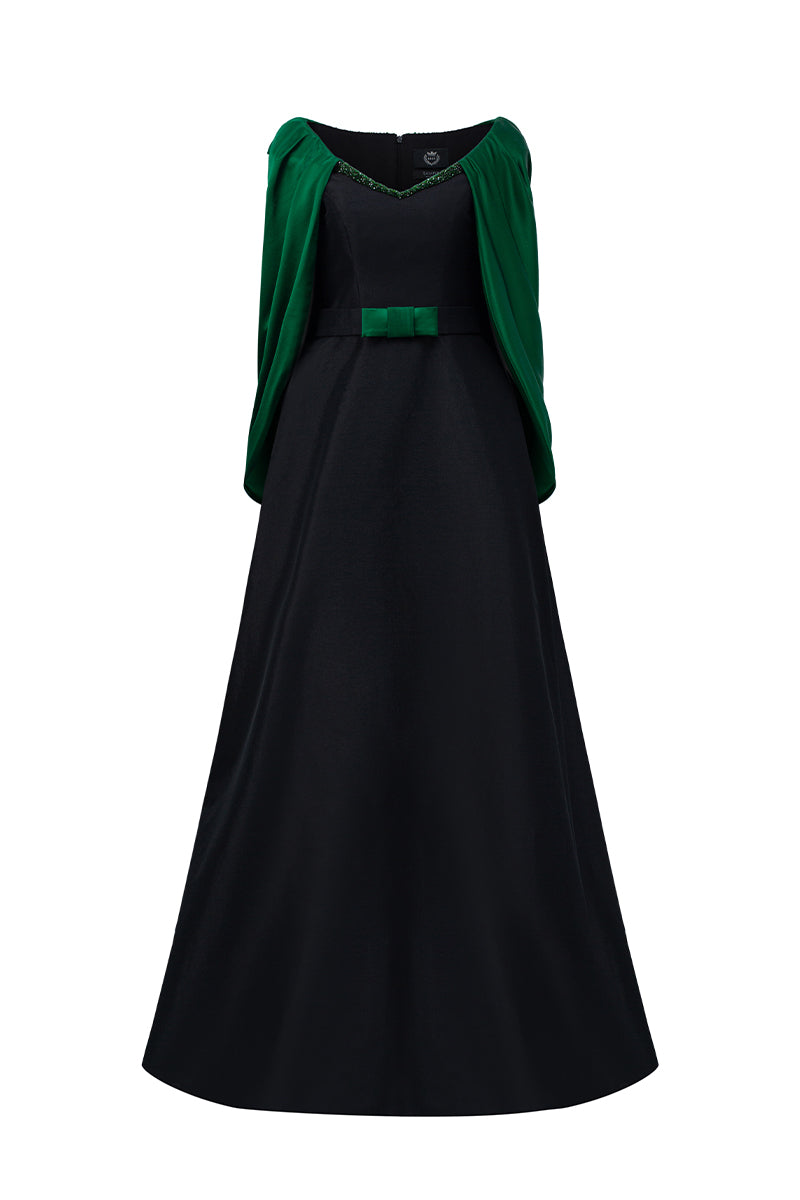 Genevieve green and black draped v-neck A-line gown by I.H.F featuring black taffeta and green satin silk fabric.