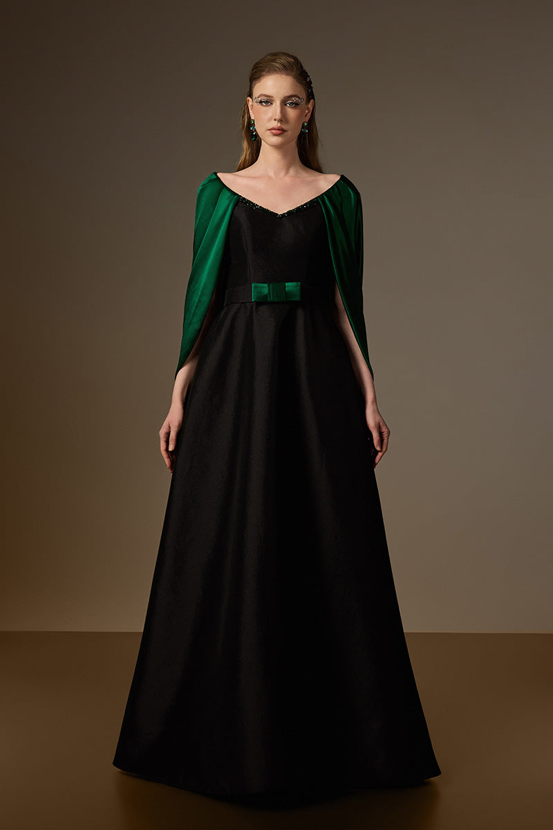 Genevieve green and black draped V-neck A-line gown by I.H.F, featuring satin silk and black taffeta fabric with elegant draped details.