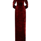 Dark red strapless column gown with pleated sleeves in grain velvet by I.H.F, shown on a model.