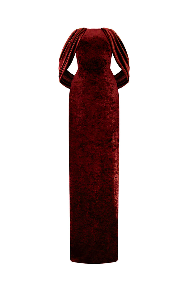 Dark red strapless column gown with pleated sleeves in grain velvet by I.H.F, shown on a model.