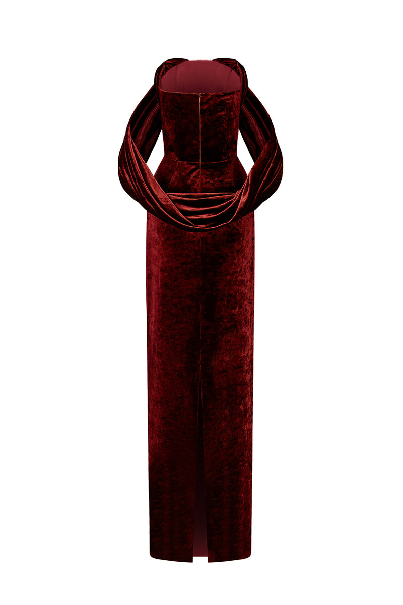 Dark red I.H.F strapless column gown with pleated sleeves in grain velvet, elegant and form-fitting for formal occasions.