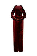 Dark red I.H.F strapless column gown with pleated sleeves in grain velvet, elegant and form-fitting for formal occasions.