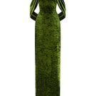 Light green strapless gown with pleated sleeves in grain velvet by I.H.F, featuring a sleek, elegant column silhouette.