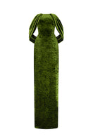 Light green strapless gown with pleated sleeves in grain velvet by I.H.F, featuring a sleek, elegant column silhouette.