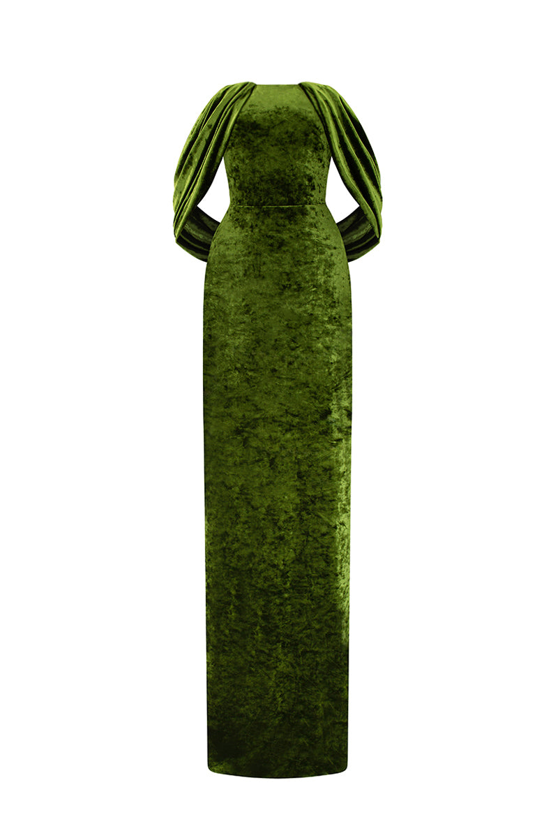 Light green strapless gown with pleated sleeves in grain velvet by I.H.F, featuring a sleek, elegant column silhouette.