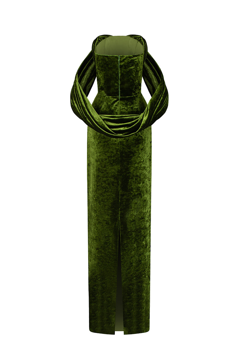 Light green strapless column gown with pleated sleeves in grain velvet by I.H.F. elegant formal dress.