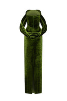 Light green strapless column gown with pleated sleeves in grain velvet by I.H.F. elegant formal dress.