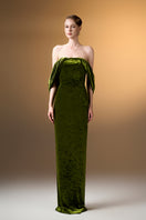 Light green strapless column gown with pleated sleeves in grain velvet by I.H.F, showcasing elegant drape and rich texture.