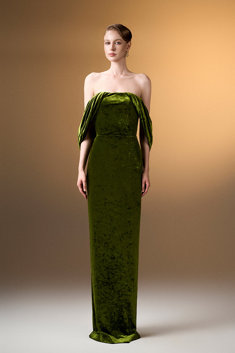 Light green strapless column gown with pleated sleeves in grain velvet by I.H.F, showcasing elegant drape and rich texture.