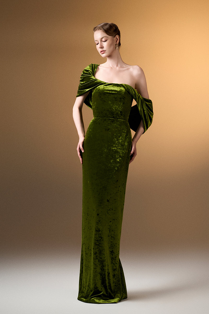Light green strapless column gown with pleated sleeves in grain velvet by I.H.F, showcased on a model.