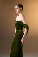 Light green strapless column gown with pleated sleeves in grain velvet by I.H.F, elegant formal dress on a model.