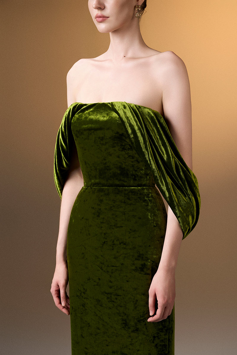 Light green strapless column gown with pleated sleeves in grain velvet by I.H.F. Elegant evening dress displayed.