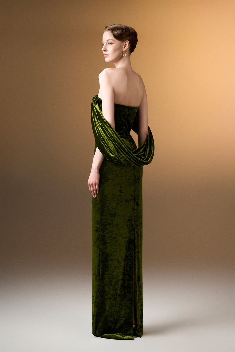 Light green strapless column gown with pleated sleeves in grain velvet by I.H.F displayed on a model.
