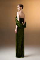 Light green strapless column gown with pleated sleeves in grain velvet by I.H.F displayed on a model.