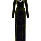 Green V-neck column gown with long sleeves in grain velvet by I.H.F, featuring a sleek, elegant silhouette and rich texture.