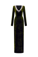 Green V-neck column gown with long sleeves in grain velvet by I.H.F, featuring a sleek, elegant silhouette and rich texture.
