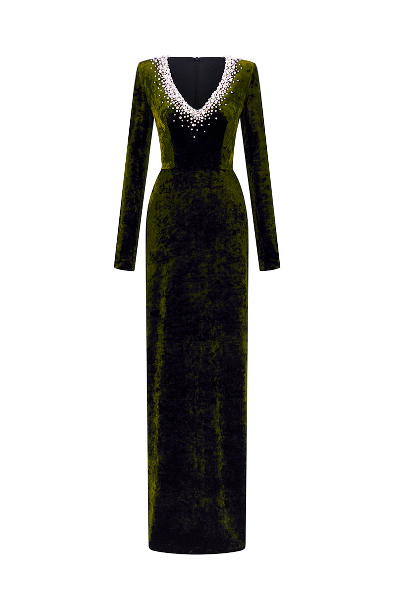 Green V-neck column gown with long sleeves in grain velvet by I.H.F, featuring a sleek, elegant silhouette and rich texture.