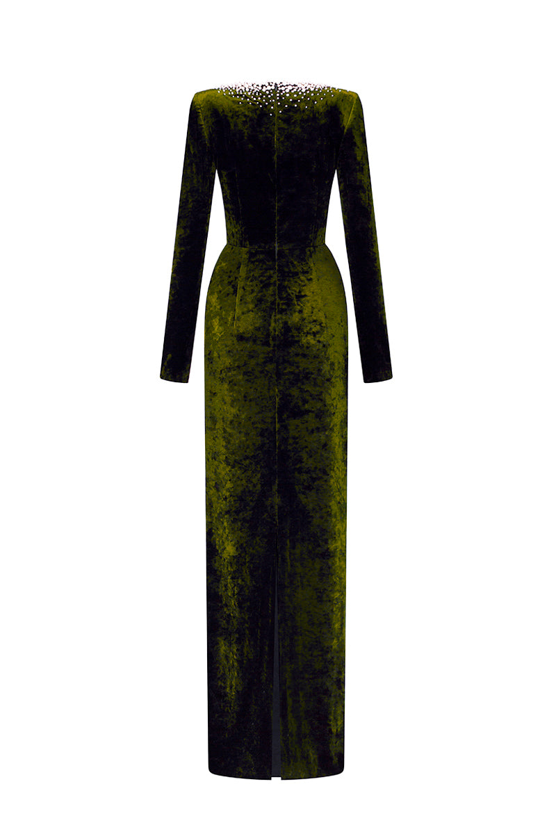 Green V-neck column gown with long sleeves in grain velvet by I.H.F, featuring a sleek, elegant silhouette.