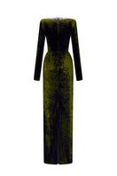 Green V-neck column gown with long sleeves in grain velvet by I.H.F, featuring a sleek, elegant silhouette.
