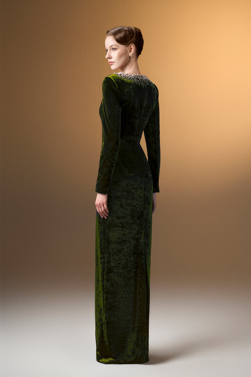 Green I.H.F V-neck column gown with long sleeves in soft grain velvet, elegant and flowing for formal occasions.