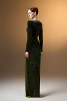 Green I.H.F V-neck column gown with long sleeves in soft grain velvet, elegant and flowing for formal occasions.