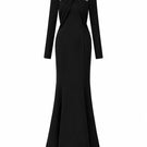 Black crepe mermaid gown with draped details and round neckline by I.H.F, elegant formal evening dress.