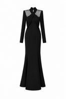 Black crepe mermaid gown with draped details and round neckline by I.H.F, elegant formal evening dress.