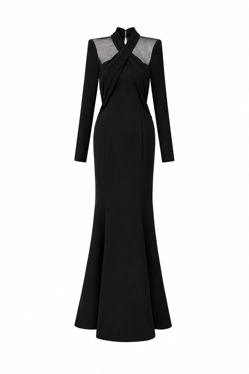 Black crepe mermaid gown with draped details and round neckline by I.H.F, elegant formal evening dress.