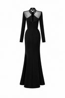 Black crepe mermaid gown with draped details and round neckline by I.H.F, ideal for elegant evening occasions.
