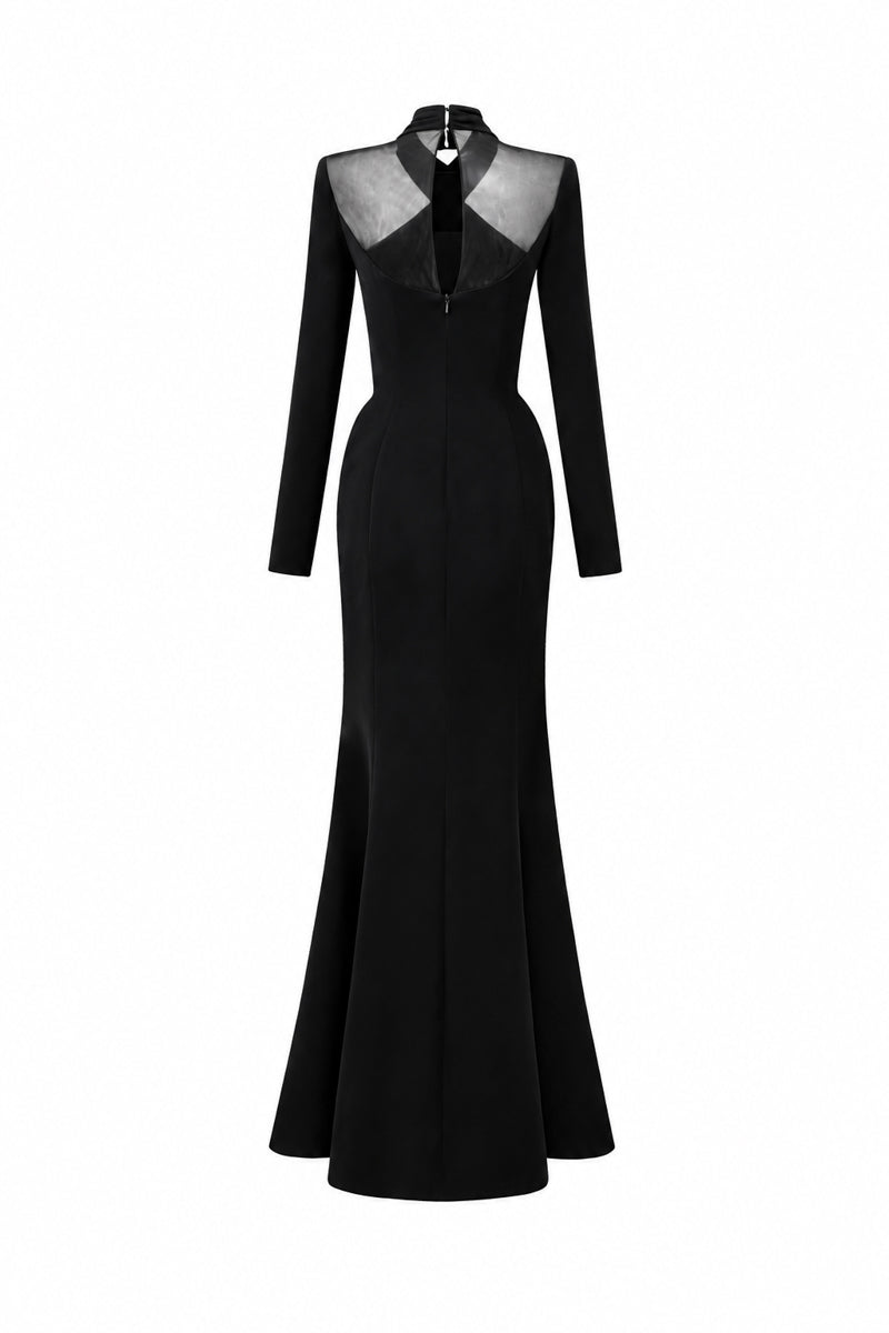 Black crepe mermaid gown with draped details and round neckline by I.H.F, ideal for elegant evening occasions.
