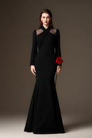 Black crepe mermaid gown with draped details, round neckline, from I.H.F's Lorelei collection, elegant evening gown.