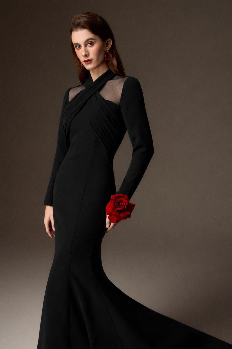 Black crepe mermaid gown with draped details, round neckline, designed by I.H.F for elegant evening wear.