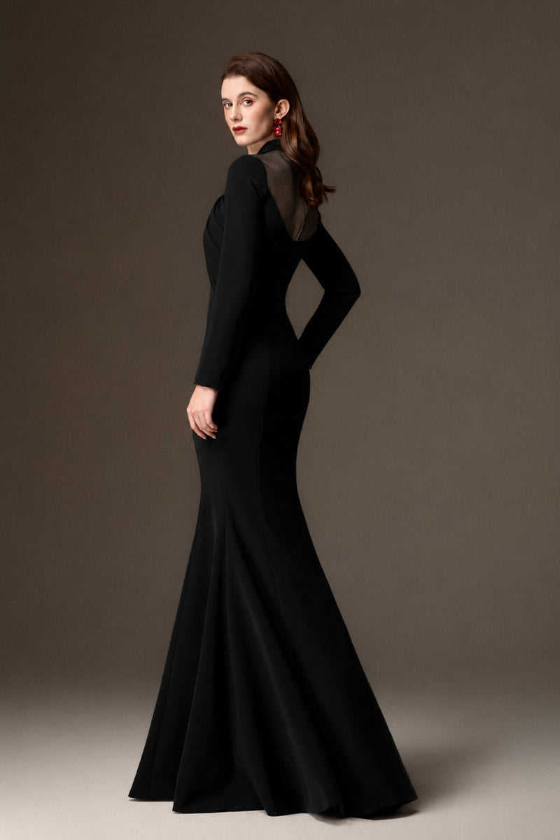 Black draped crepe mermaid gown by I.H.F with round neckline and elegant fit, shown on a model.