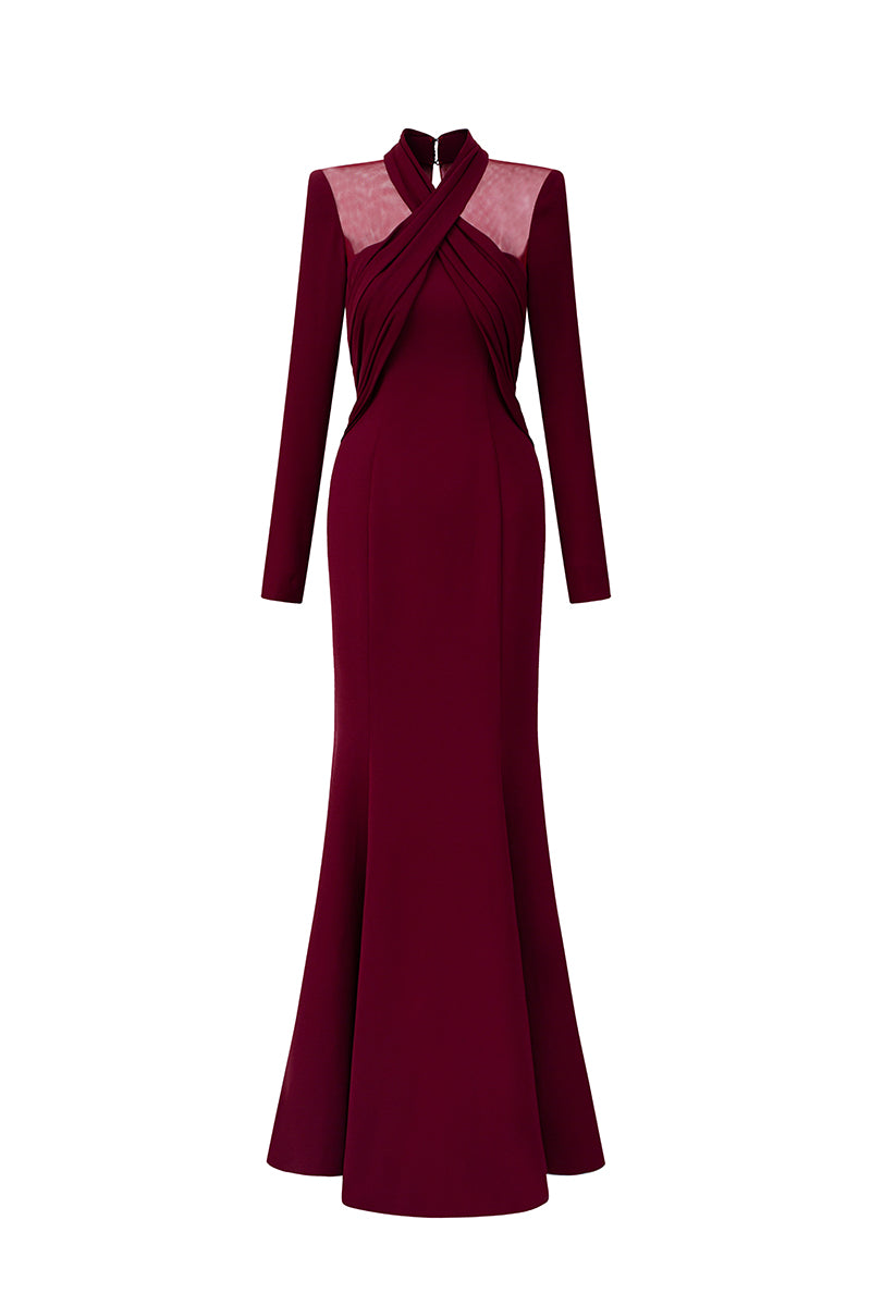 Elegant burgundy crepe mermaid gown with draped details from I.H.F, featuring a round neck and fitted silhouette.