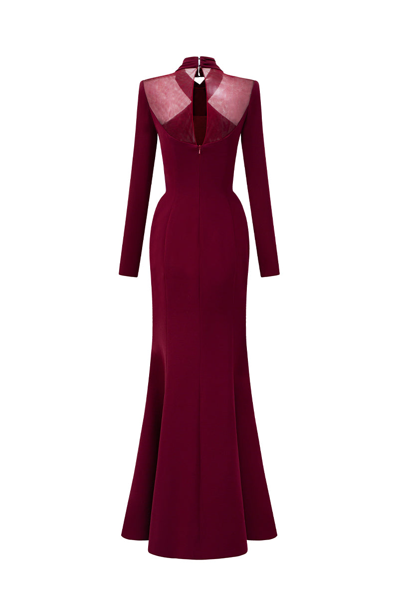 I.H.F burgundy draped crepe mermaid gown with round neckline, featuring elegant draped details and a fitted silhouette.