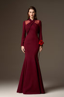 I.H.F burgundy draped crepe mermaid gown with round neckline and elegant draped details, perfect for formal occasions.
