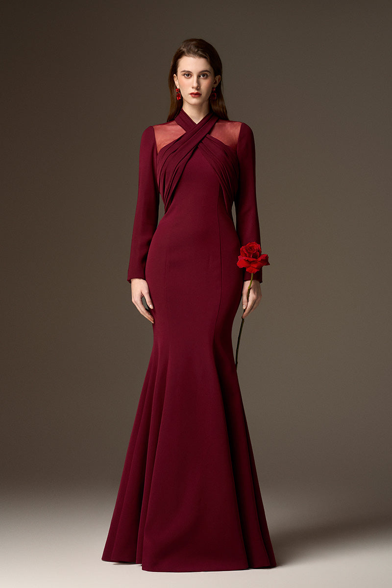 I.H.F burgundy draped crepe mermaid gown with round neckline and elegant draped details, perfect for formal occasions.