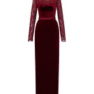 Dark red velvet gown with long sleeves and French lace details, elegant I.H.F column gown for formal occasions.