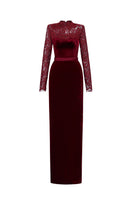 Dark red velvet gown with long sleeves and French lace details, elegant I.H.F column gown for formal occasions.