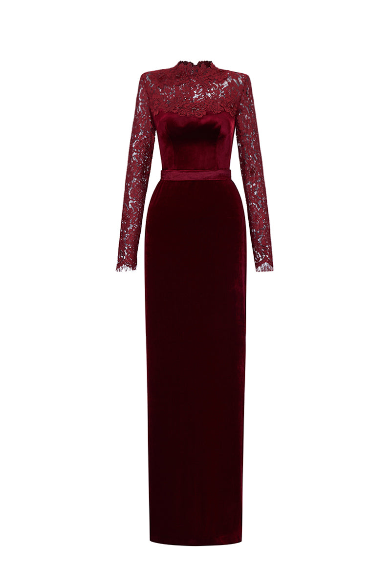 Dark red velvet gown with long sleeves and French lace details, elegant I.H.F column gown for formal occasions.