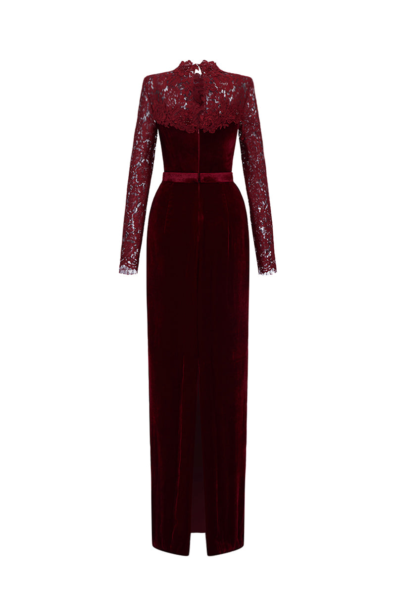 Dark red velvet gown with long sleeves and French lace detailing by I.H.F, showcasing elegant craftsmanship and luxurious fabric.
