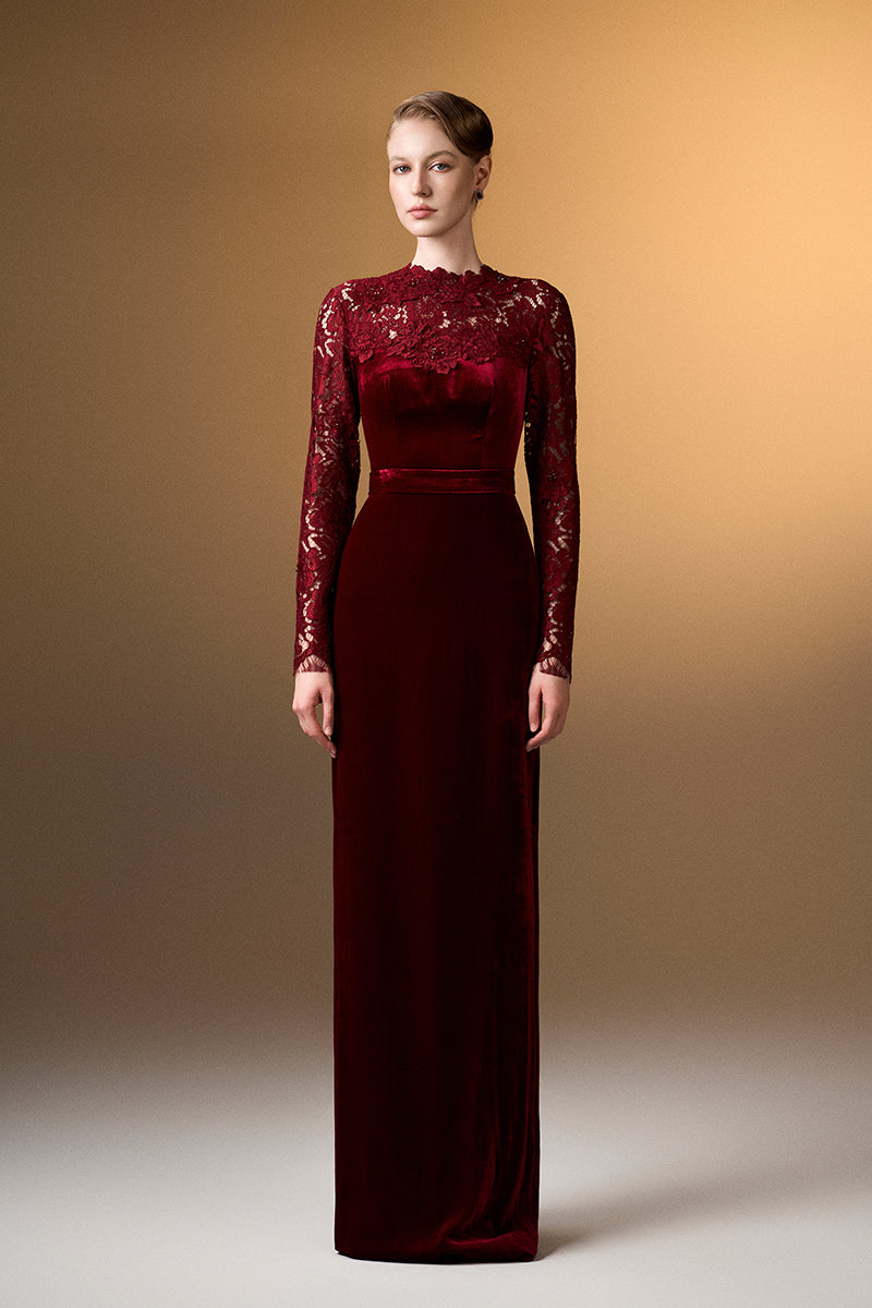 Dark red velvet column gown with long sleeves and French lace detail by I.H.F, shown on a model.