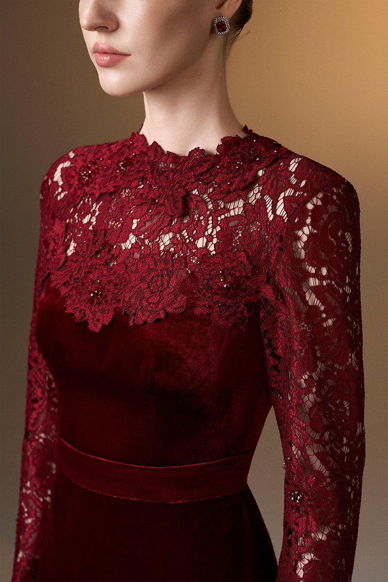 Dark red velvet column gown with long sleeves and French lace detailing by I.H.F. Elegant evening dress.