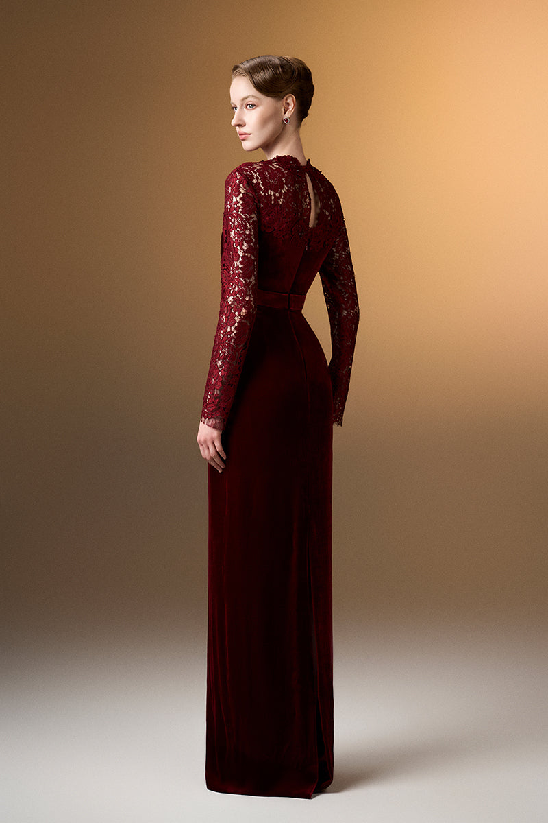 Dark red velvet gown with long sleeves and French lace detailing, designed by I.H.F, elegant evening wear.