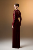 Dark red velvet gown with long sleeves and French lace detailing, designed by I.H.F, elegant evening wear.