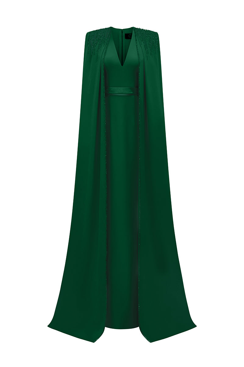 CREPE AND SILK TAFFETA CAPE EMERALD GOWN | CULT MIA