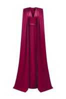 Elegant crepe and silk taffeta cape lipstick gown by I.H.F featuring a flowing silhouette and luxurious fabric details.